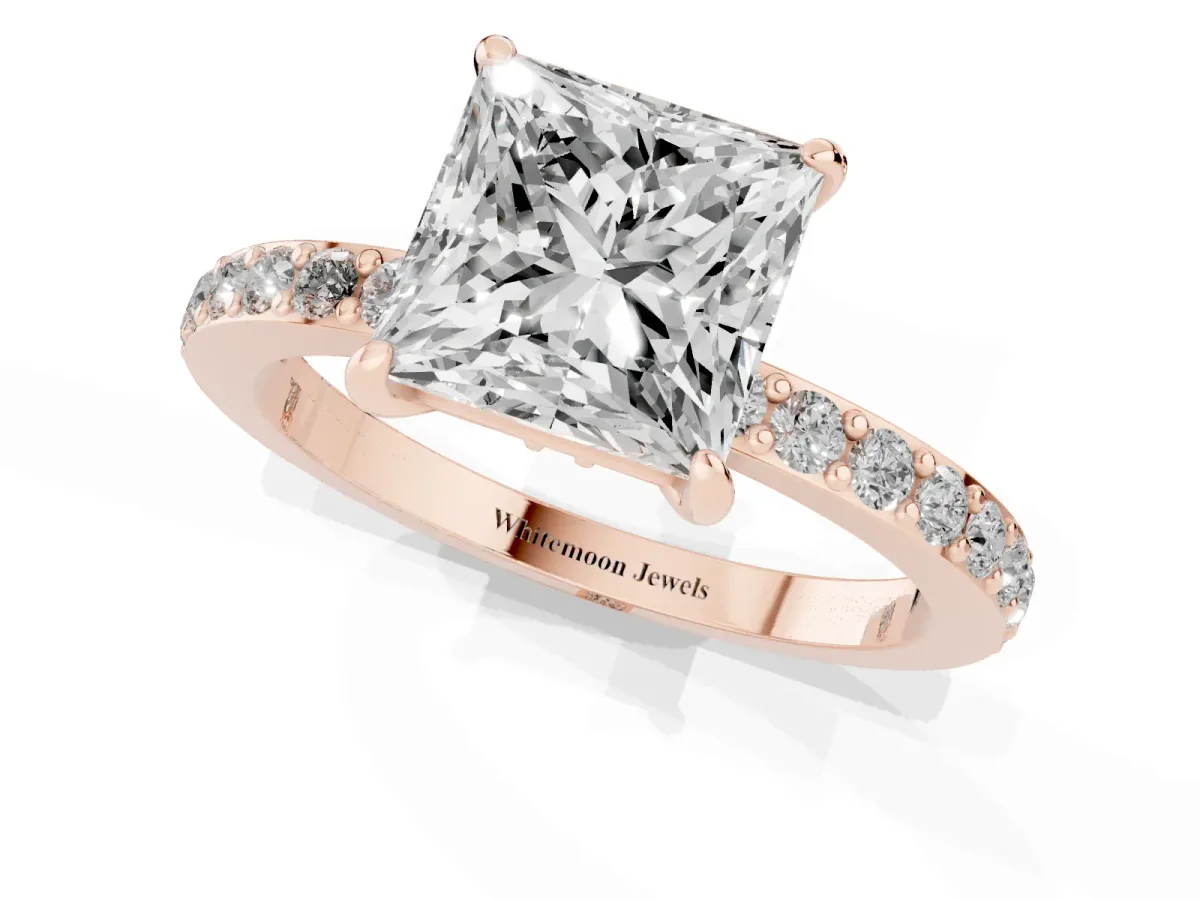 Princess Cut Diamond Pavé Engagement Ring with Round Accents and Prong Setting Rose gold