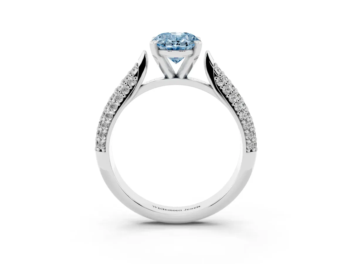 Fancy Blue Oval Cut Diamond Solitaire Engagement Ring with Multi-Row Round Pavé Band and Prong Setting Silver