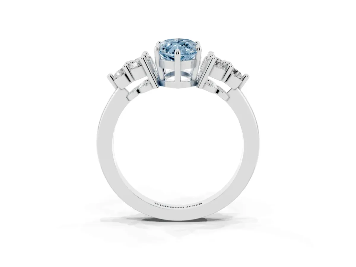 Fancy Blue Marquise Cut Brilliant Diamond Cluster Accent Solitaire Ring with Prong Setting Platinum