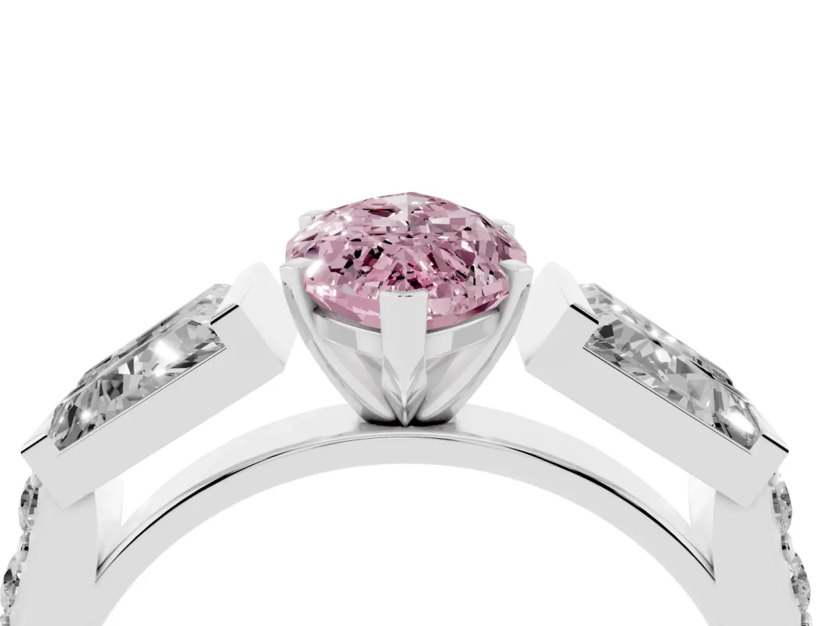 Fancy Pink Marquise Cut Diamond Engagement Ring with Baguette Side Stones and Channel Set Band Silver