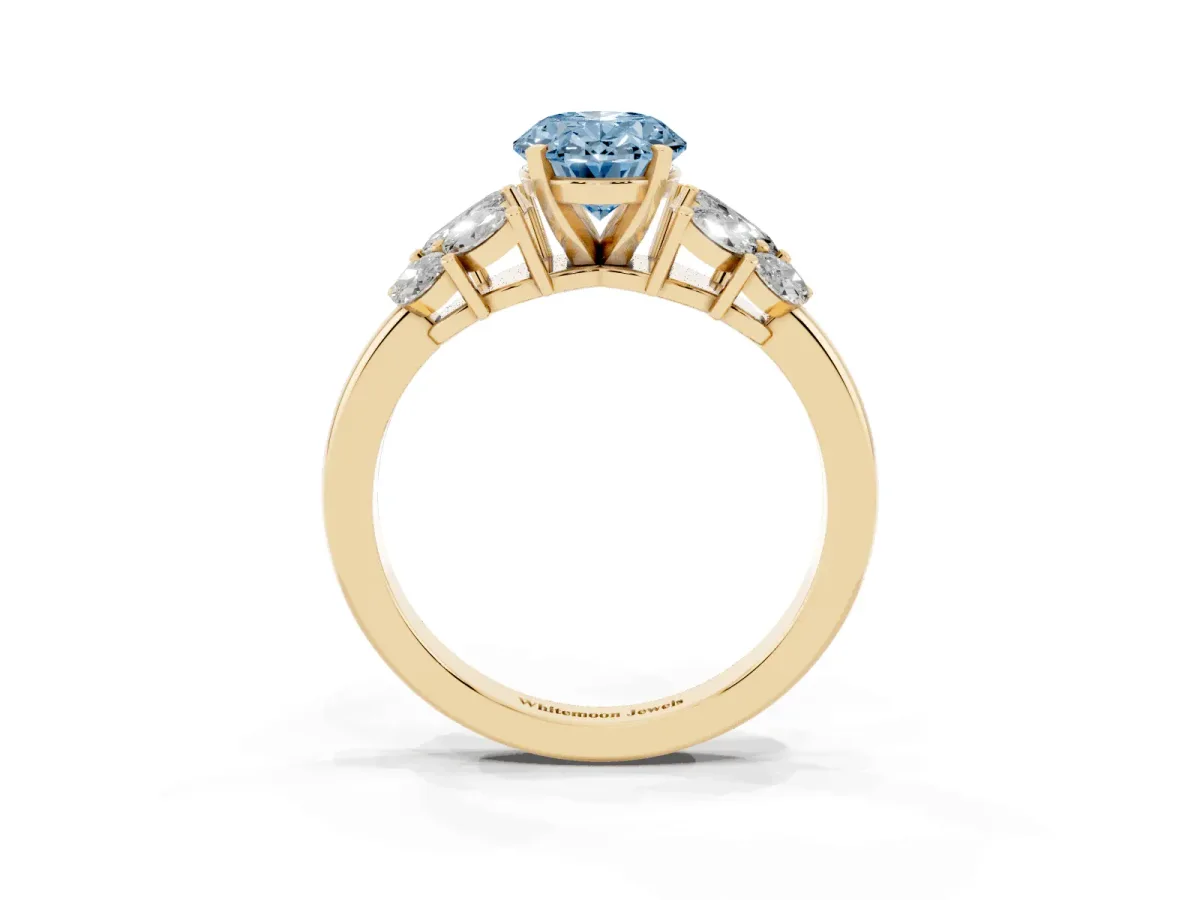 Fancy Blue Oval Cut Diamond Cluster Leaf Design Ring with Prong Setting Yellow gold