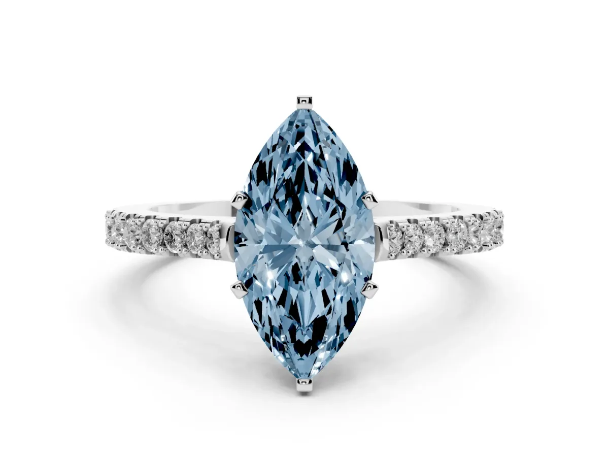 Fancy Blue Marquise Cut Cut Solitaire Diamond Engagement Ring with Pave Band and Four-Prong Setting Silver
