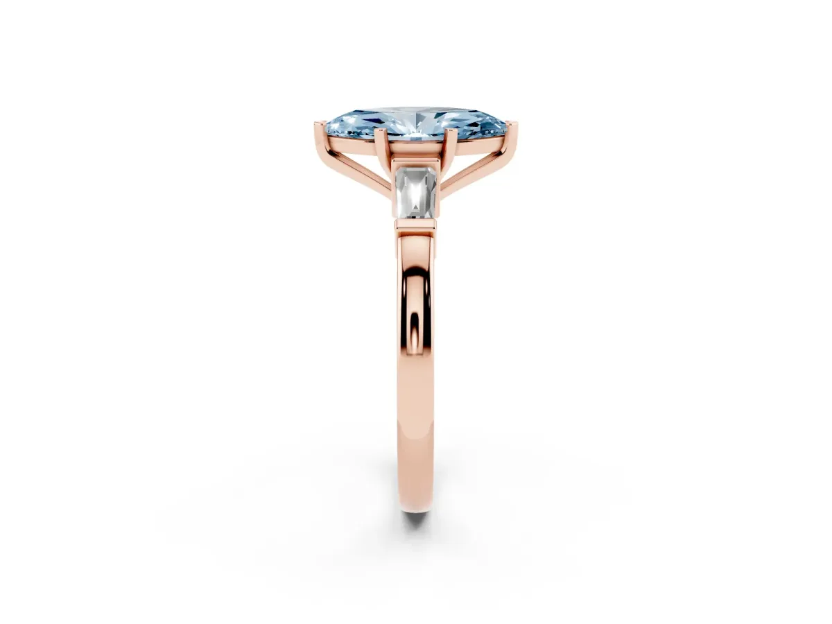 Fancy Blue Marquise Cut Cut Diamond Solitaire Ring with Tapered Baguette Accents and Four-Prong Setting Rose gold