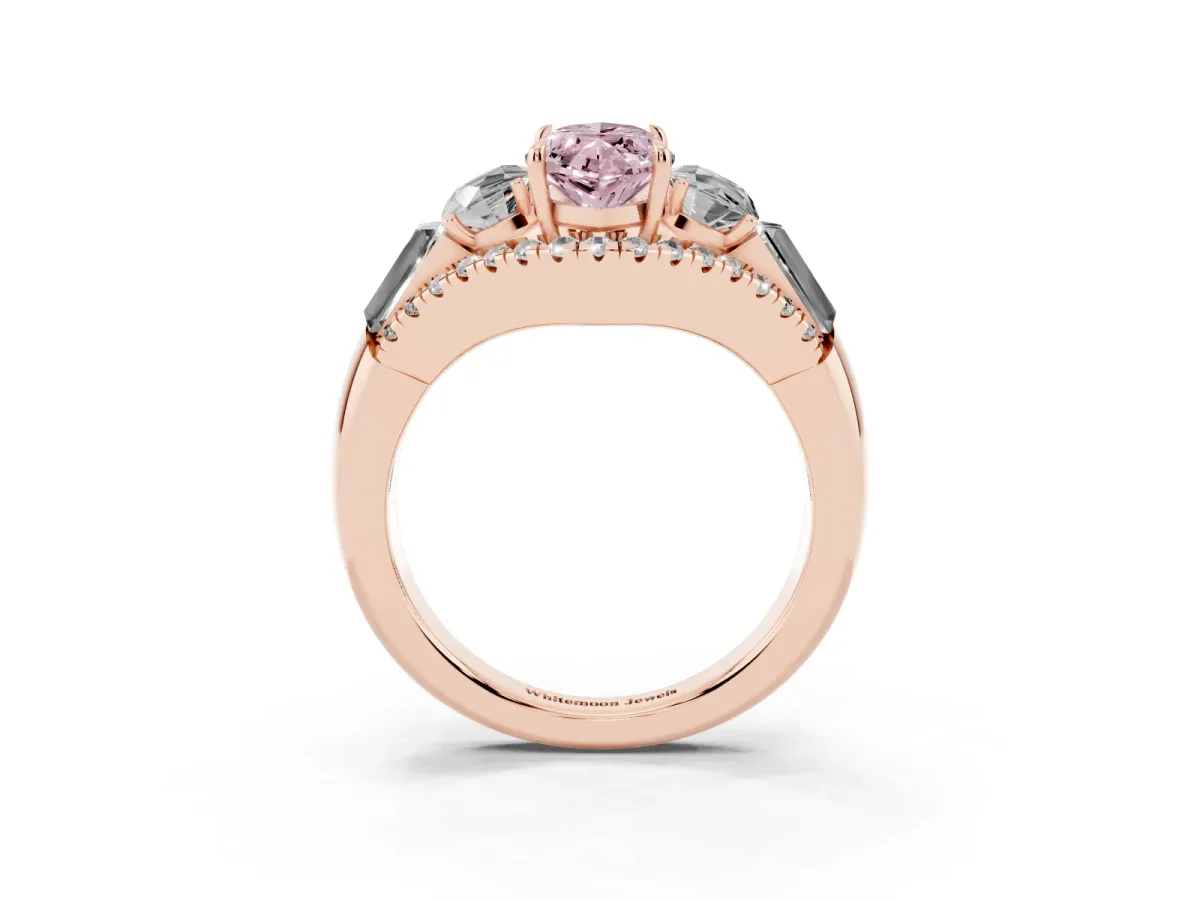 Fancy Pink Three-Stone Marquise Cut Diamond Engagement Ring with Pave Band and Prong Setting Rose gold