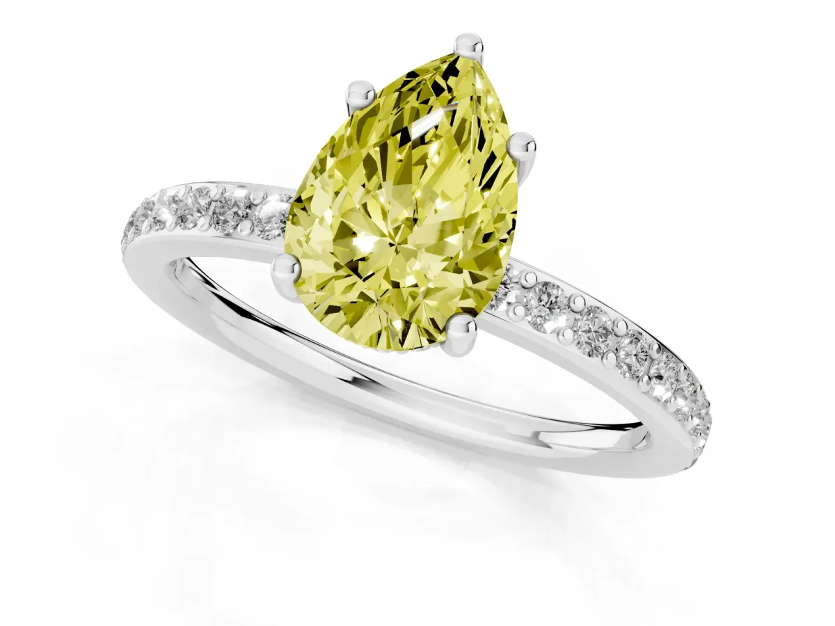 Fancy Yellow Pear Cut Cut Diamond Pavé Band Ring with Four-Prong Setting Platinum