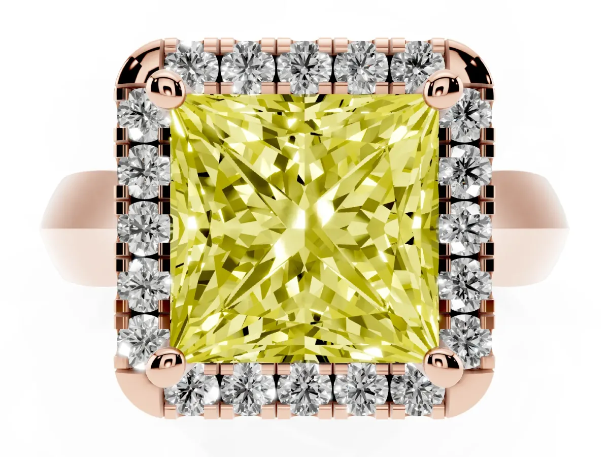 Fancy Yellow Princess Cut Cut Halo Solitaire Engagement Ring with Square Band and Four-Prong Setting Rose gold