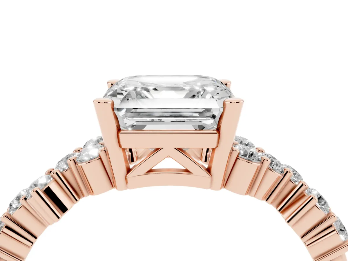 Asscher Cut Diamond Scattered Round Accent Ring with Prong Setting Rose gold