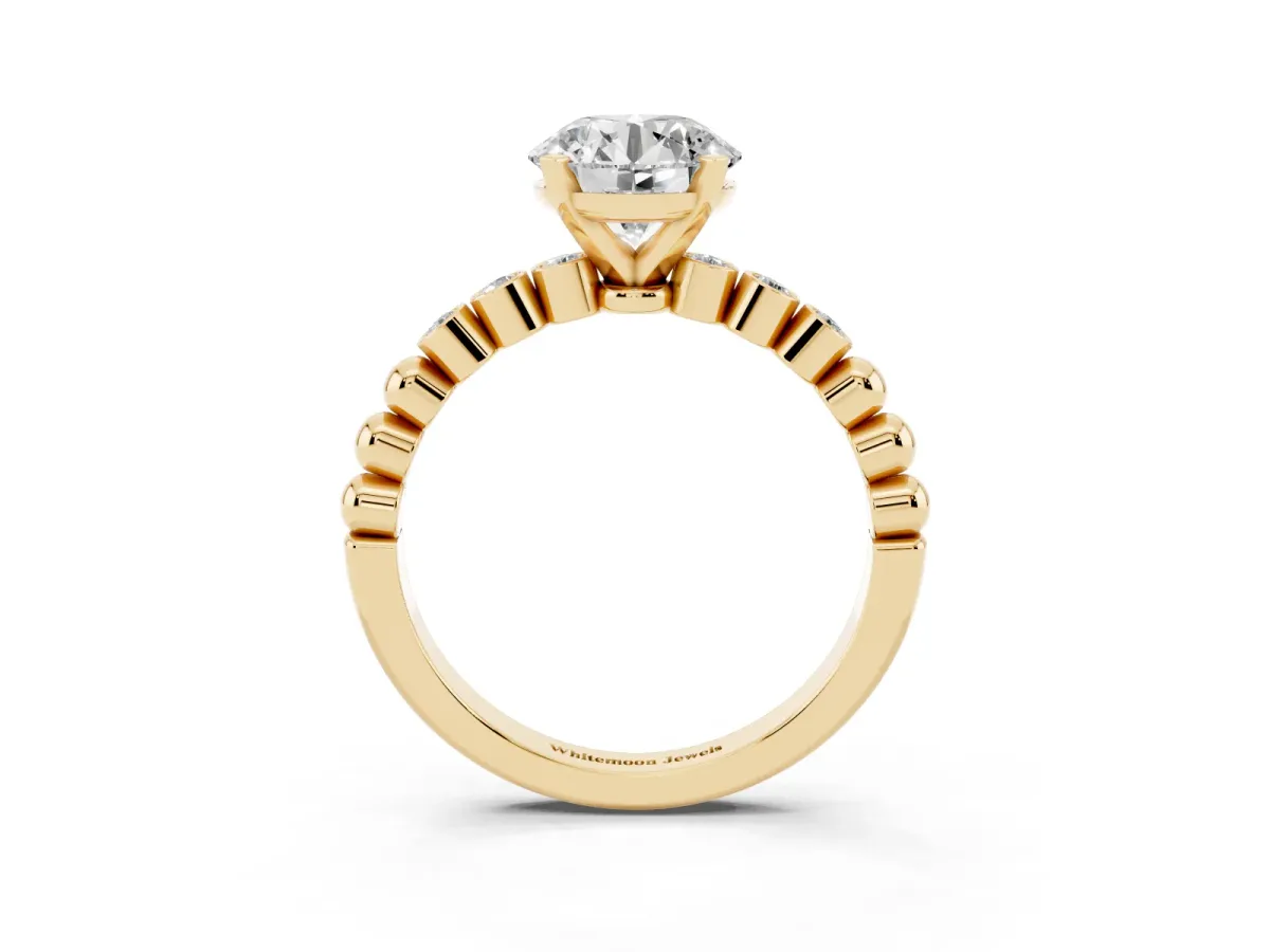 Round Cut Solitaire Bezel Accent Diamond Engagement Ring with Beaded Band and Four-Prong Setting Yellow gold