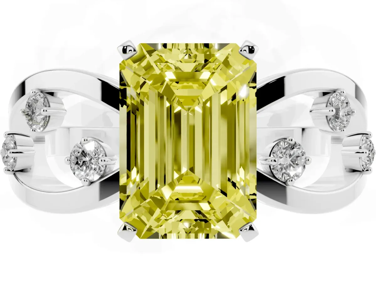 Fancy Yellow Emerald Cut Cut Solitaire Diamond with Side Stones on Criss-Cross Band and Four-Prong Setting Silver