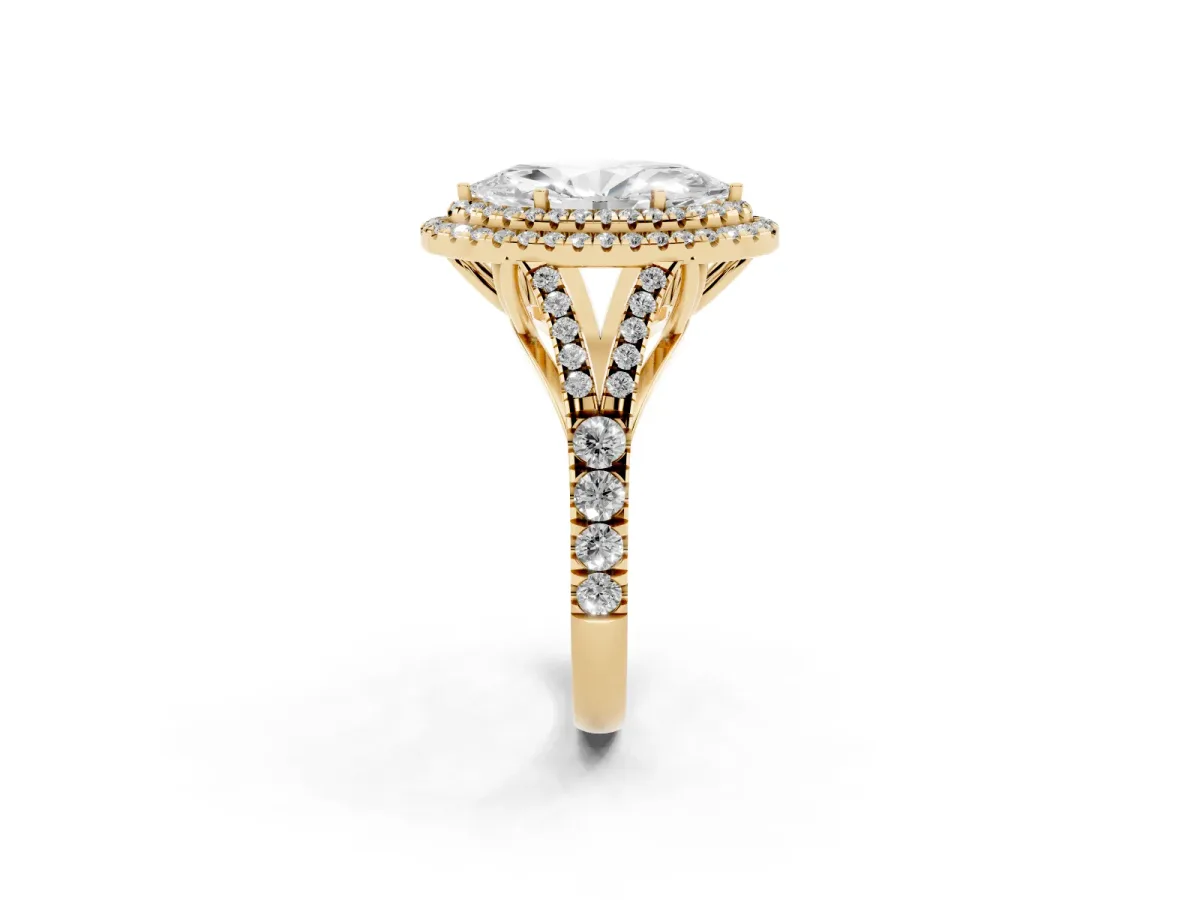 Double Halo Marquise Cut Diamond Split Shank Engagement Ring with Four-Prong Setting Yellow gold