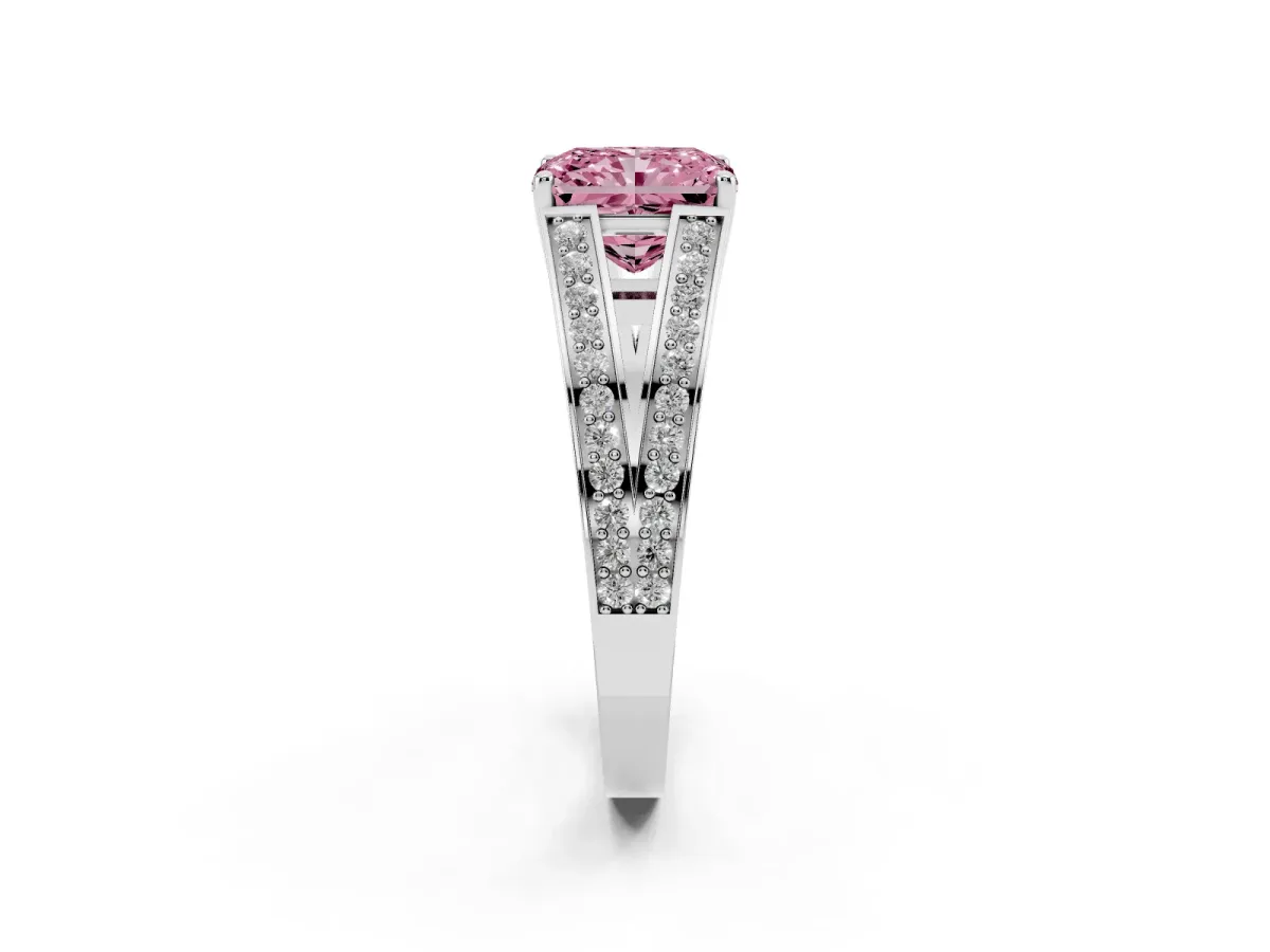 Fancy Pink Radiant Cut Diamond Split Shank Ring with Pavé Band and Four-Prong Setting White gold