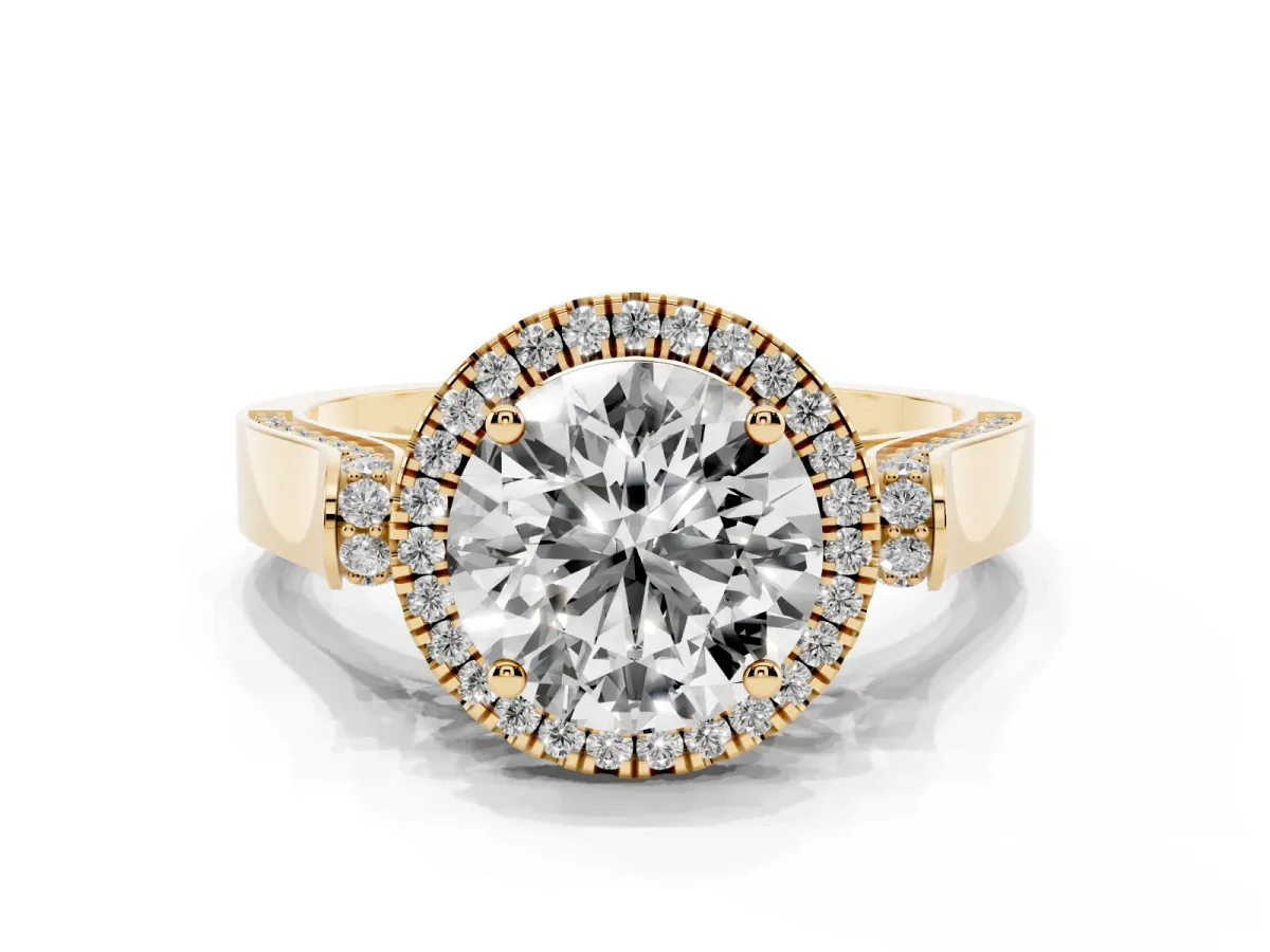 Round Cut Halo Pave Split Shank Prong Setting Ring Yellow gold