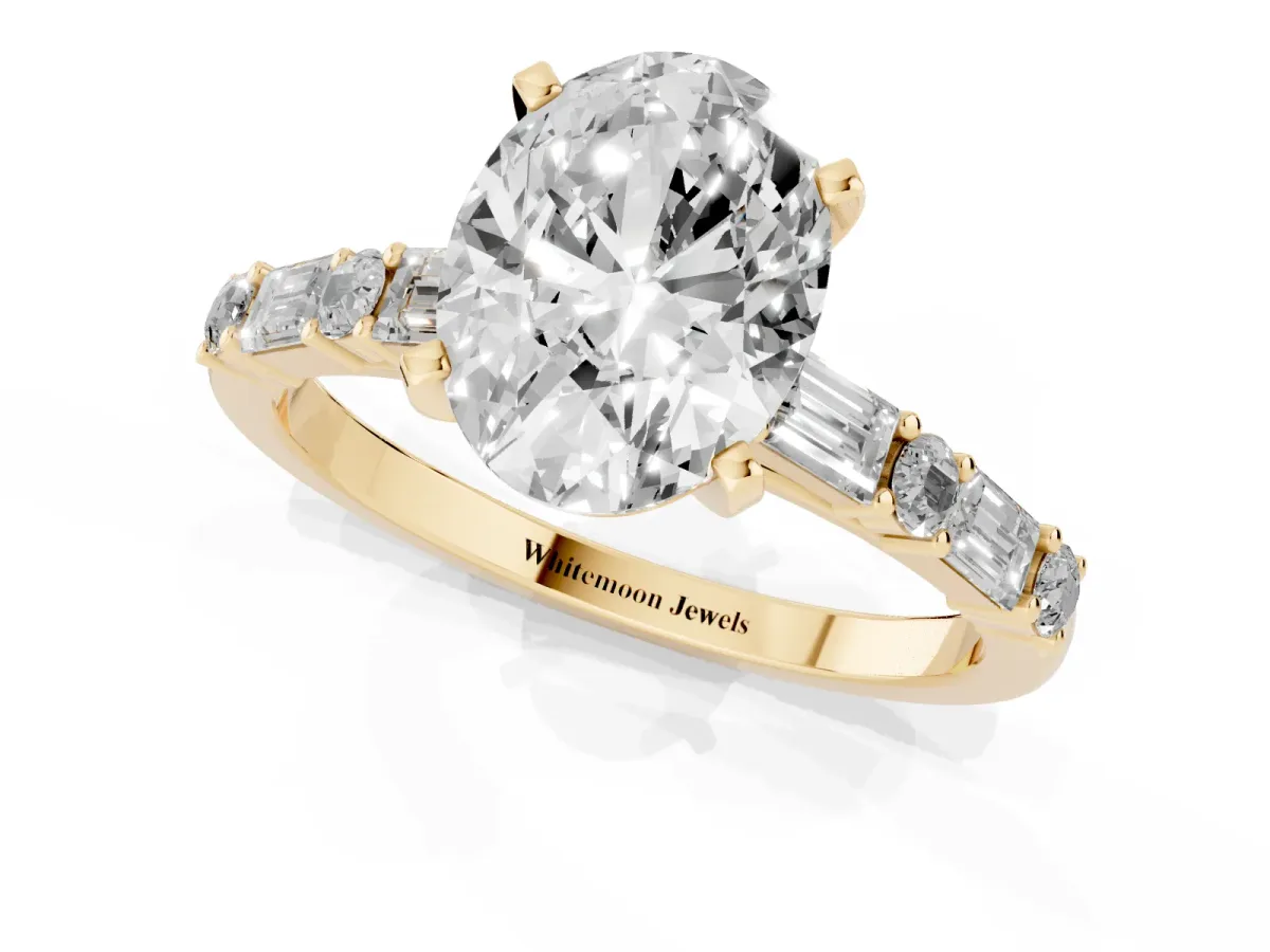 Oval Cut Diamond Solitaire with Side Baguettes and Channel Set Band Yellow gold