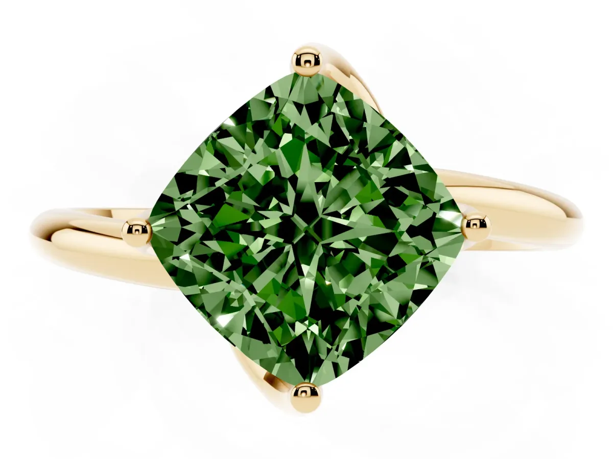 Fancy Green Cushion Cut Diamond Solitaire Engagement Ring with Four-Prong Setting and Classic Band Yellow gold