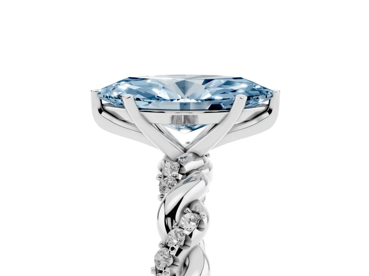 Fancy Blue Marquise Cut Diamond Solitaire Ring with Twisted Band and Pavé Accents Silver