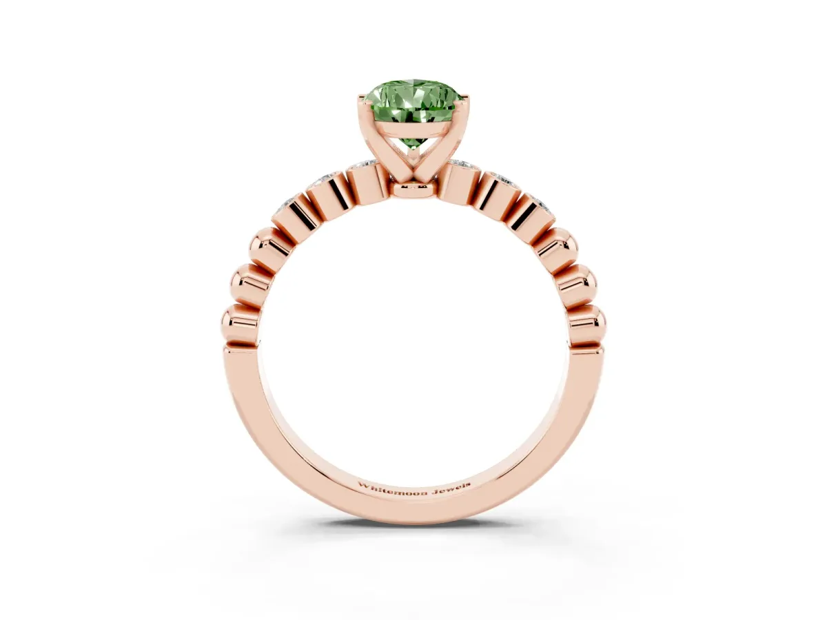 Fancy Green Pear Cut Solitaire Bezel Accent Diamond Engagement Ring with Beaded Band and Four-Prong Setting Rose gold