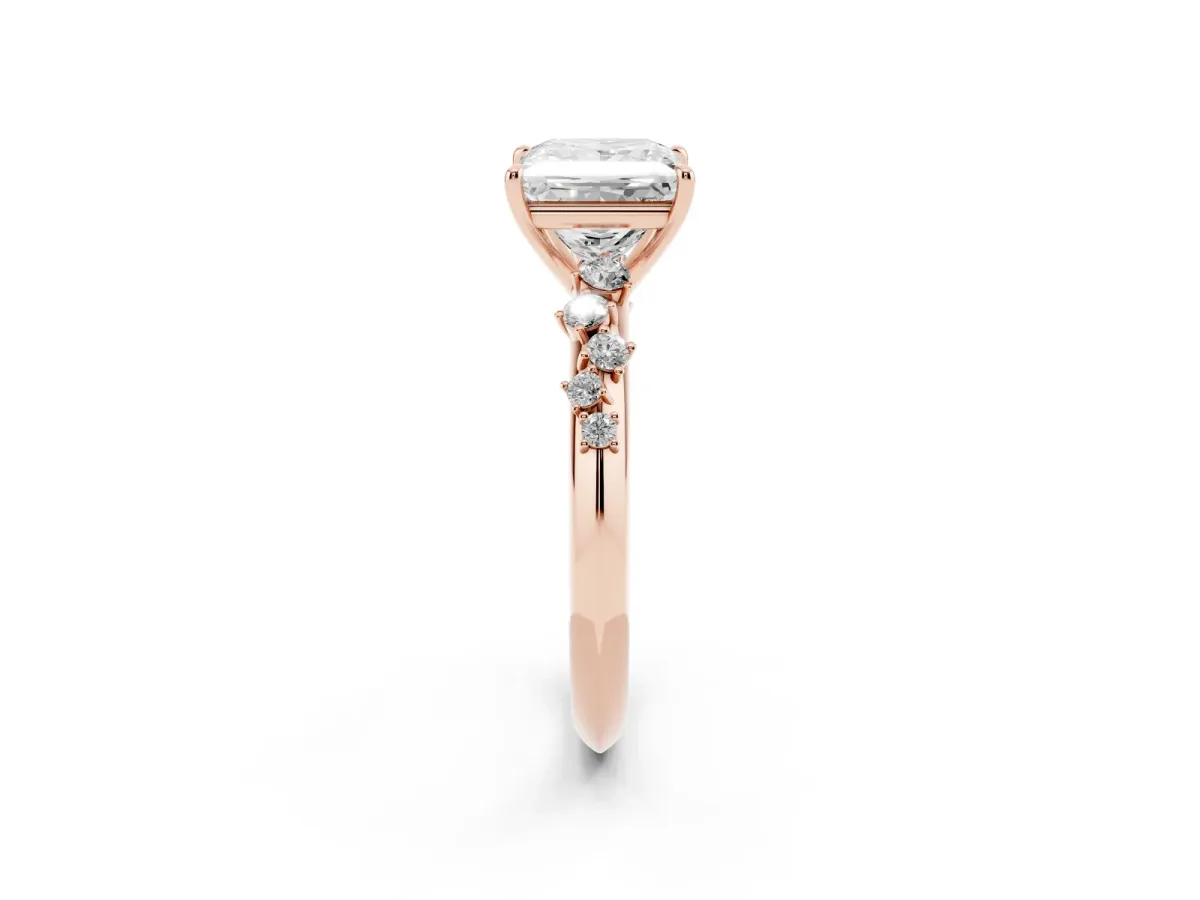 Princess Cut Diamond Cluster Side Stone Solitaire Ring with Prong Setting Rose gold