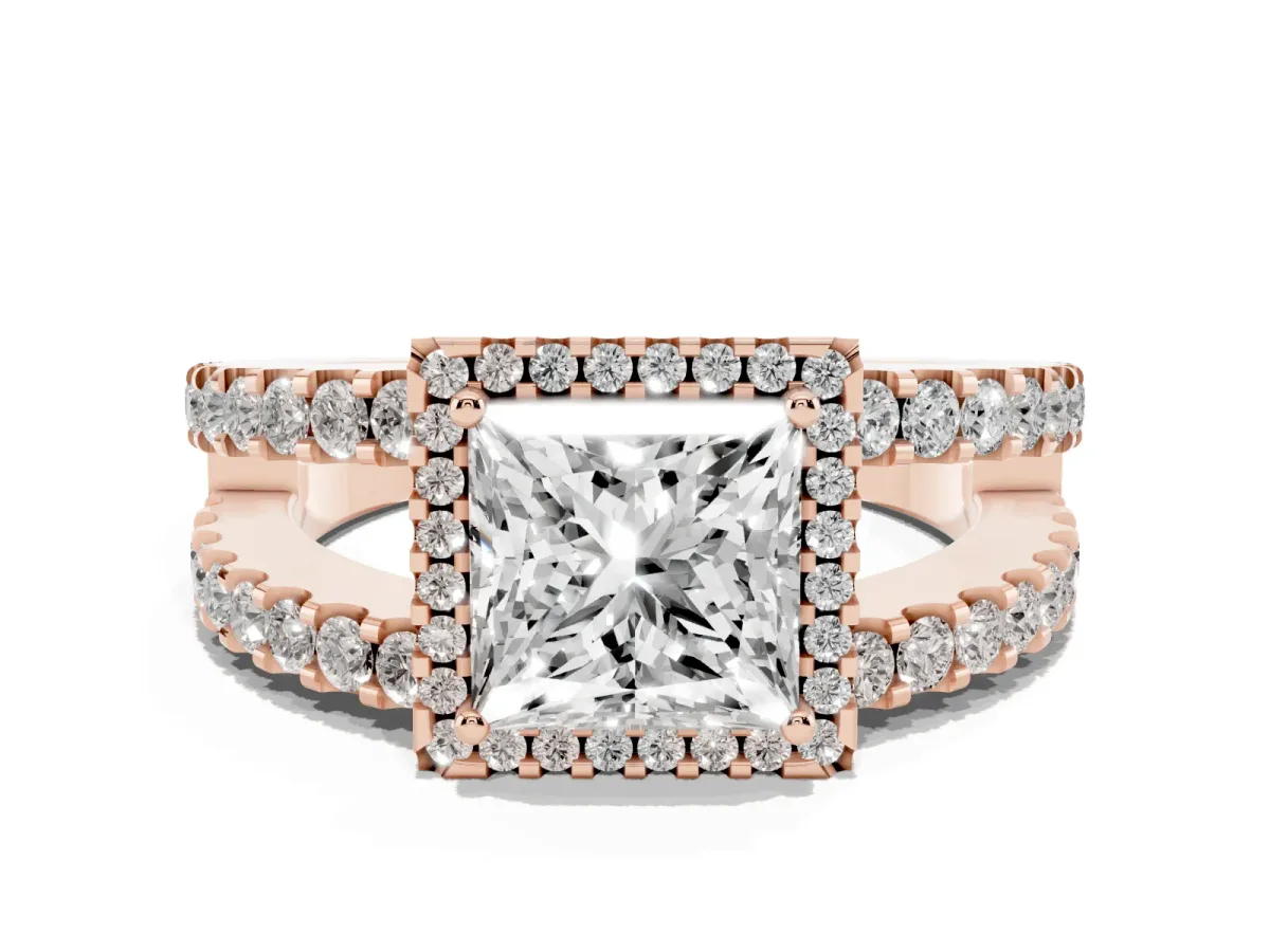 Princess Cut Cut Halo Split Shank Diamond Ring with Four-Prong Setting Rose gold