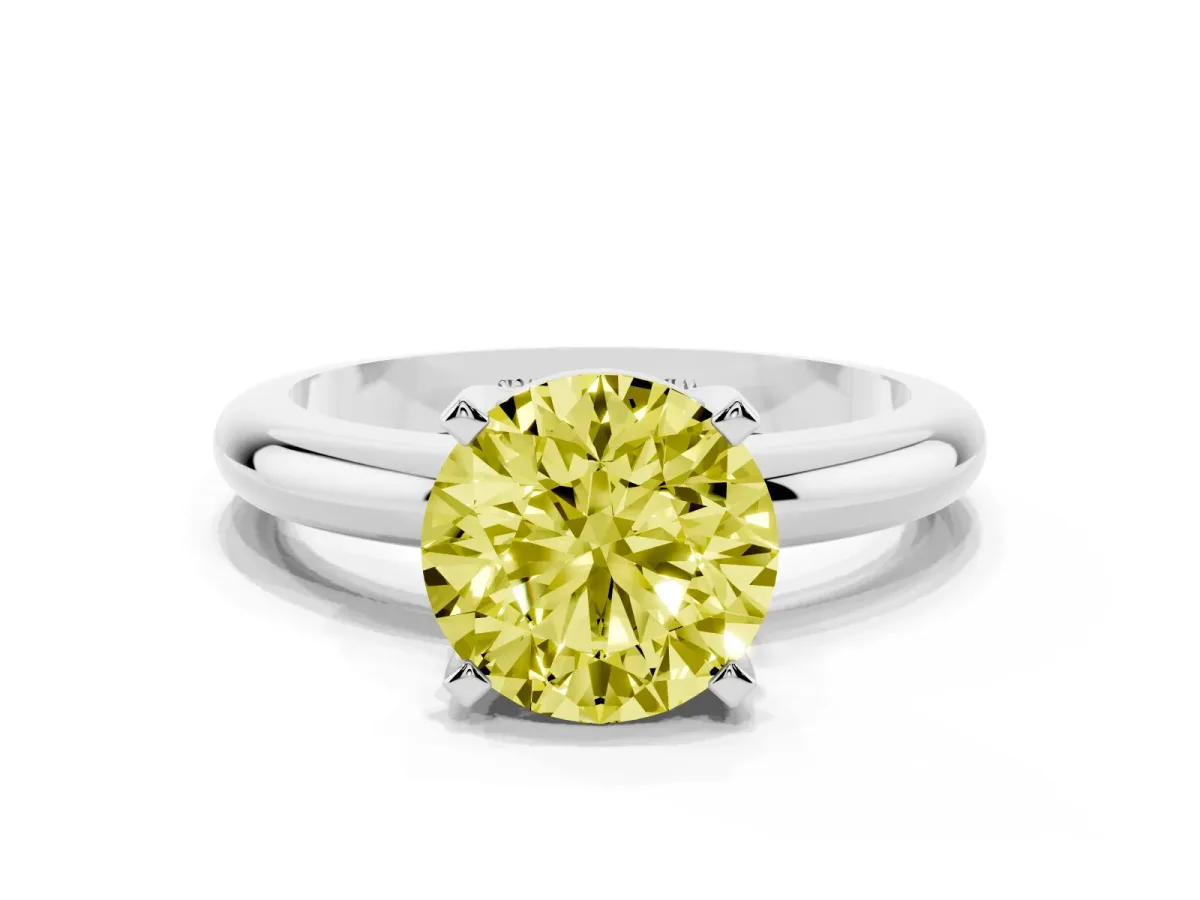 Fancy Yellow Round Cut Diamond Solitaire Engagement Ring with Round Band and Four-Prong Setting Platinum