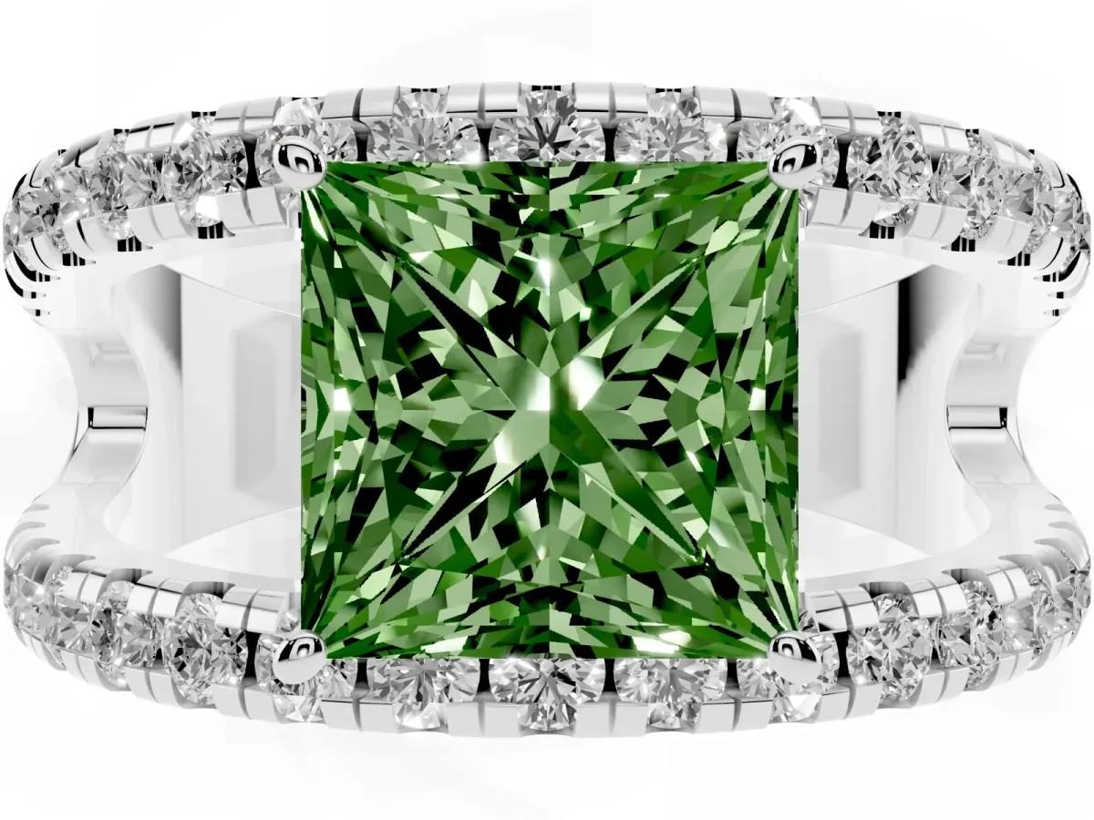 Fancy Green Princess Cut Solitaire Split Shank Pave Diamond Ring Platinum