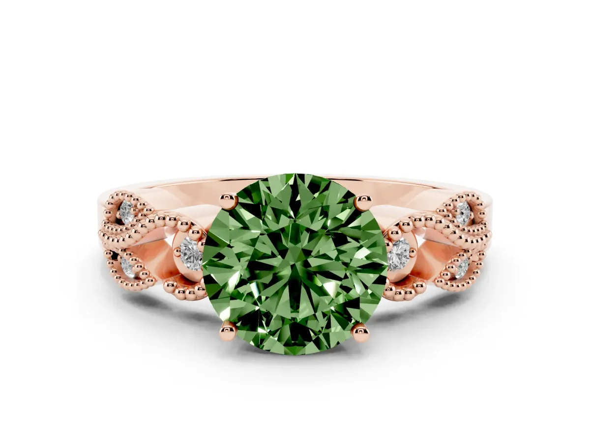 Fancy Green Round Cut Solitaire Milgrain Leaf Band with Prong Setting Rose gold