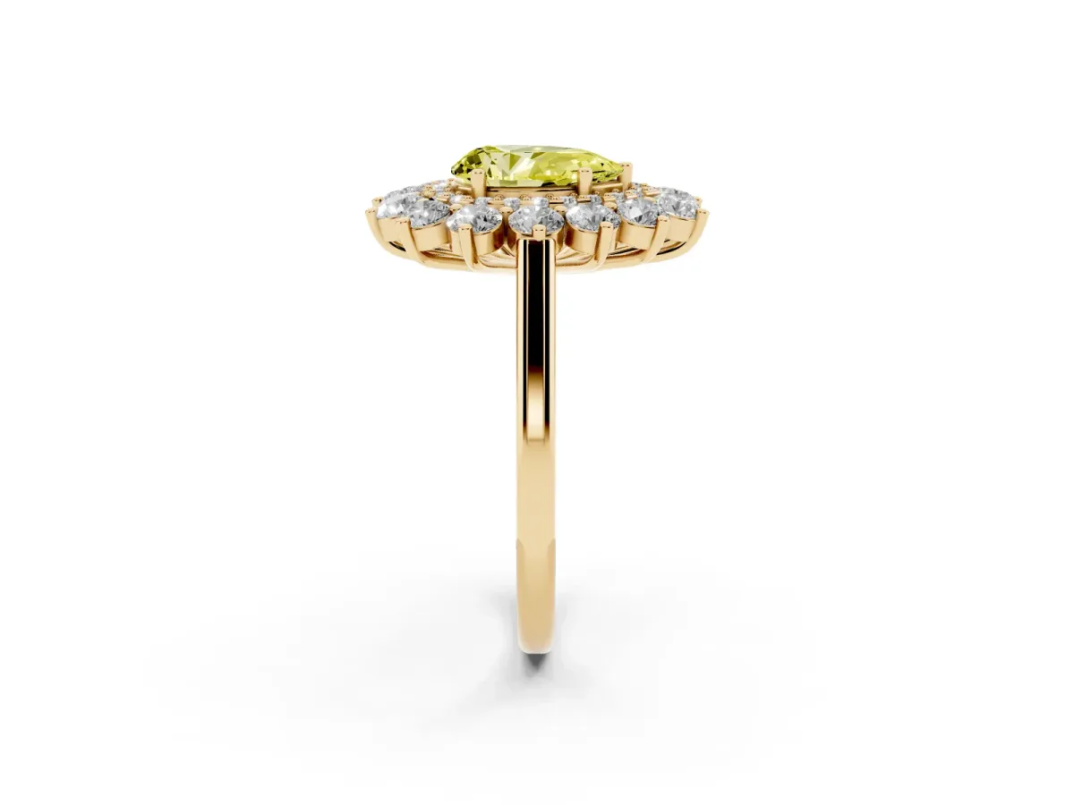 Fancy Yellow Pear Cut Diamond Floral Double Halo Engagement Ring with Prong Setting Yellow gold