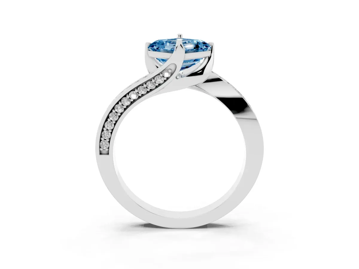 Fancy Blue Asscher Cut Solitaire Diamond Twist Band with Pavé Setting and Four-Prong Setting Platinum
