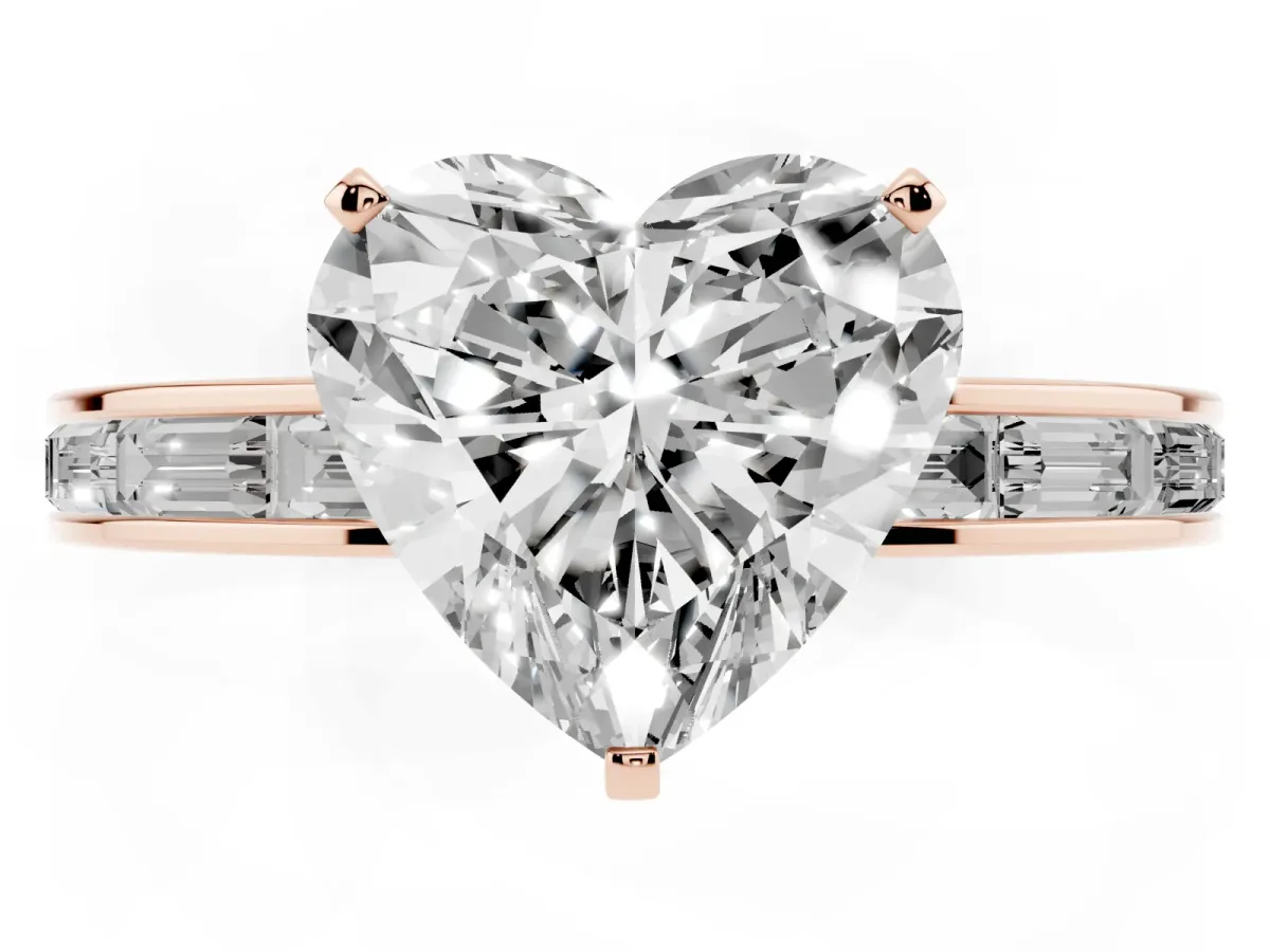 Heart Cut Solitaire Diamond Ring with Channel-Set Baguette Band and Four-Prong Setting Rose gold
