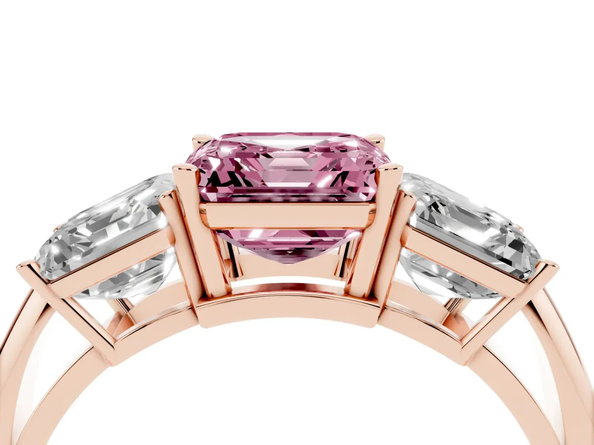 Fancy Pink Three-Stone Asscher Cut Cut Diamond Engagement Ring with Prong Setting on a White Gold Band Rose gold