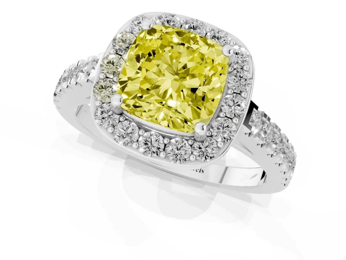 Fancy Yellow Cushion Cut Diamond Halo Ring with Round Pavé Split Shank and Prong Setting Silver