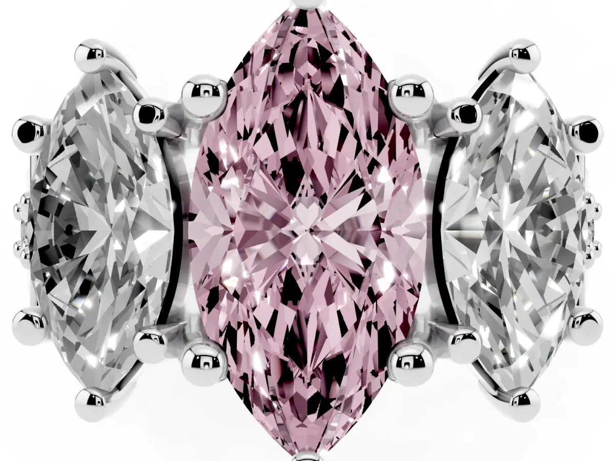 Fancy Pink Marquise Cut Diamond Three-Stone Ring with Channel Set Band and Four-Prong Setting Platinum