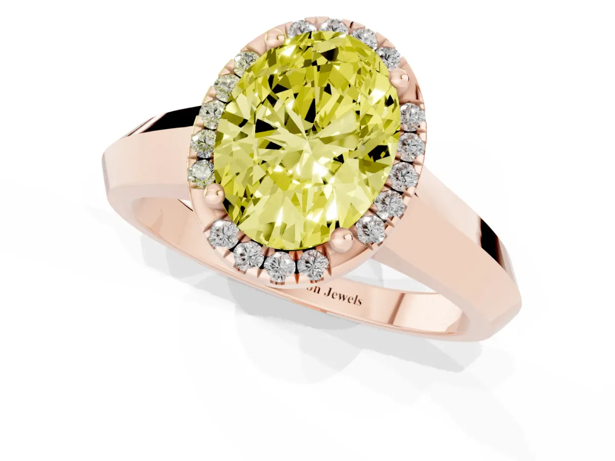 Fancy Yellow Oval Cut Halo Diamond Ring with Cathedral Band and Four-Prong Setting Rose gold