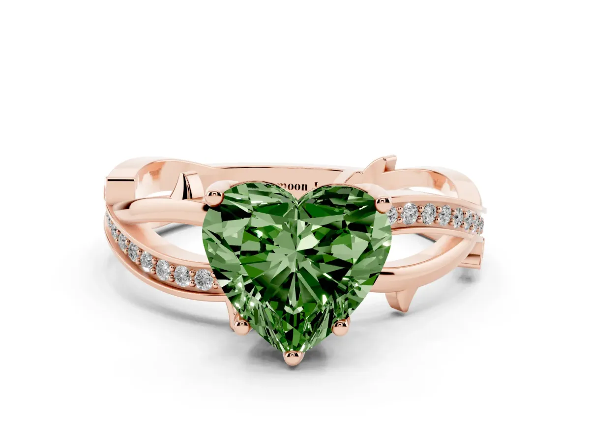 Fancy Green Heart Cut Solitaire Twist Band with Pavé Accents and Four-Prong Setting Rose gold