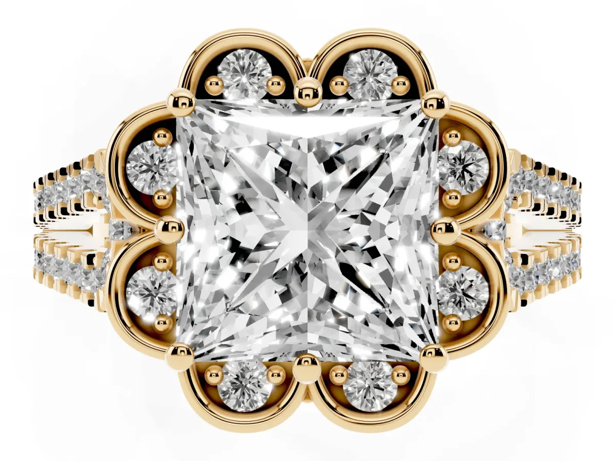 Princess Cut Halo Diamond Floral Split Shank Engagement Ring Yellow gold