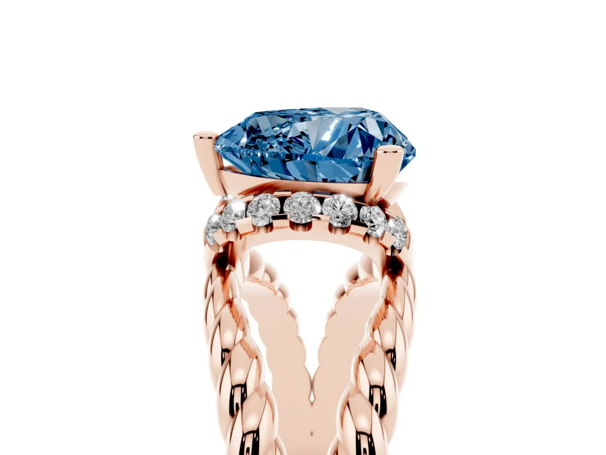 Fancy Blue Heart Cut Halo Twisted Band Four-Prong Ring Rose gold