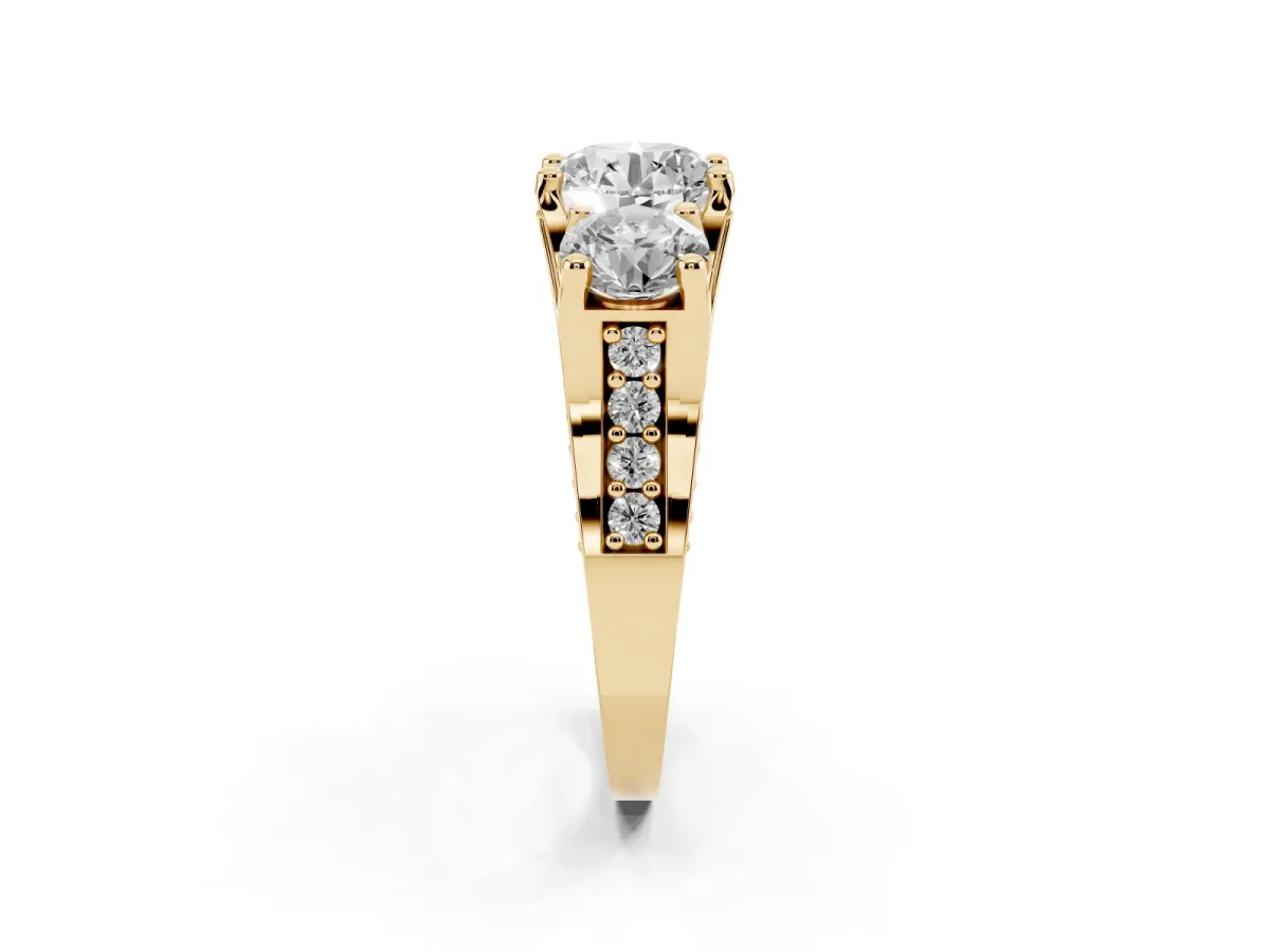 Round Cut Diamond Three-Stone Ring with Channel Set Band and Four-Prong Setting Yellow gold