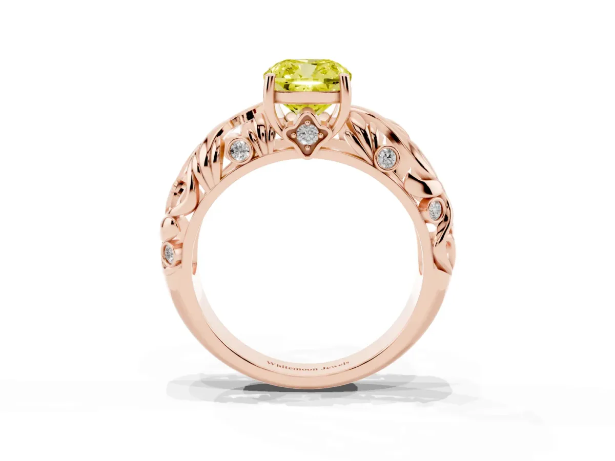 Fancy Yellow Cushion Cut Solitaire Diamond Leaf-Inspired Vine Band Ring with Prong Setting Rose gold