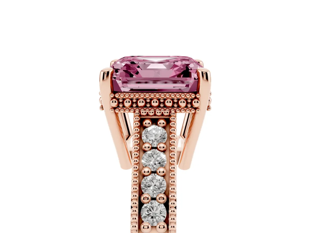 Fancy Pink Asscher Cut Solitaire Pavé Diamond Milgrain Engagement Ring with Four-Prong Setting Rose gold