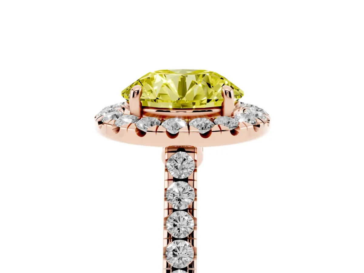 Fancy Yellow Round Cut Halo Pave Diamond Engagement Ring with Four-Prong Setting Rose gold