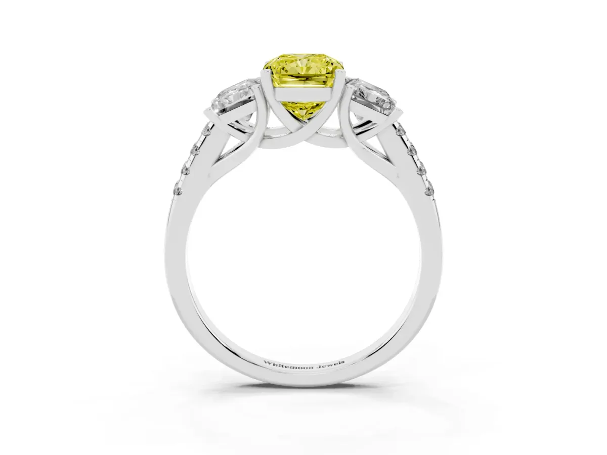 Fancy Yellow Three-Stone Radiant Cut Diamond Ring with Round Pavé Band and Prong Setting Silver