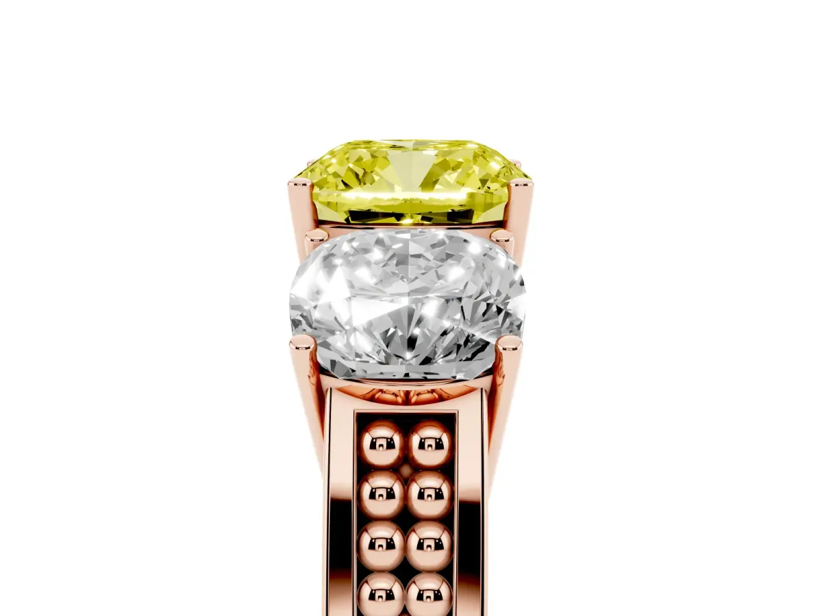 Fancy Yellow Cushion Cut Diamond Three-Stone Ring with Prong Setting and Textured Band Rose gold