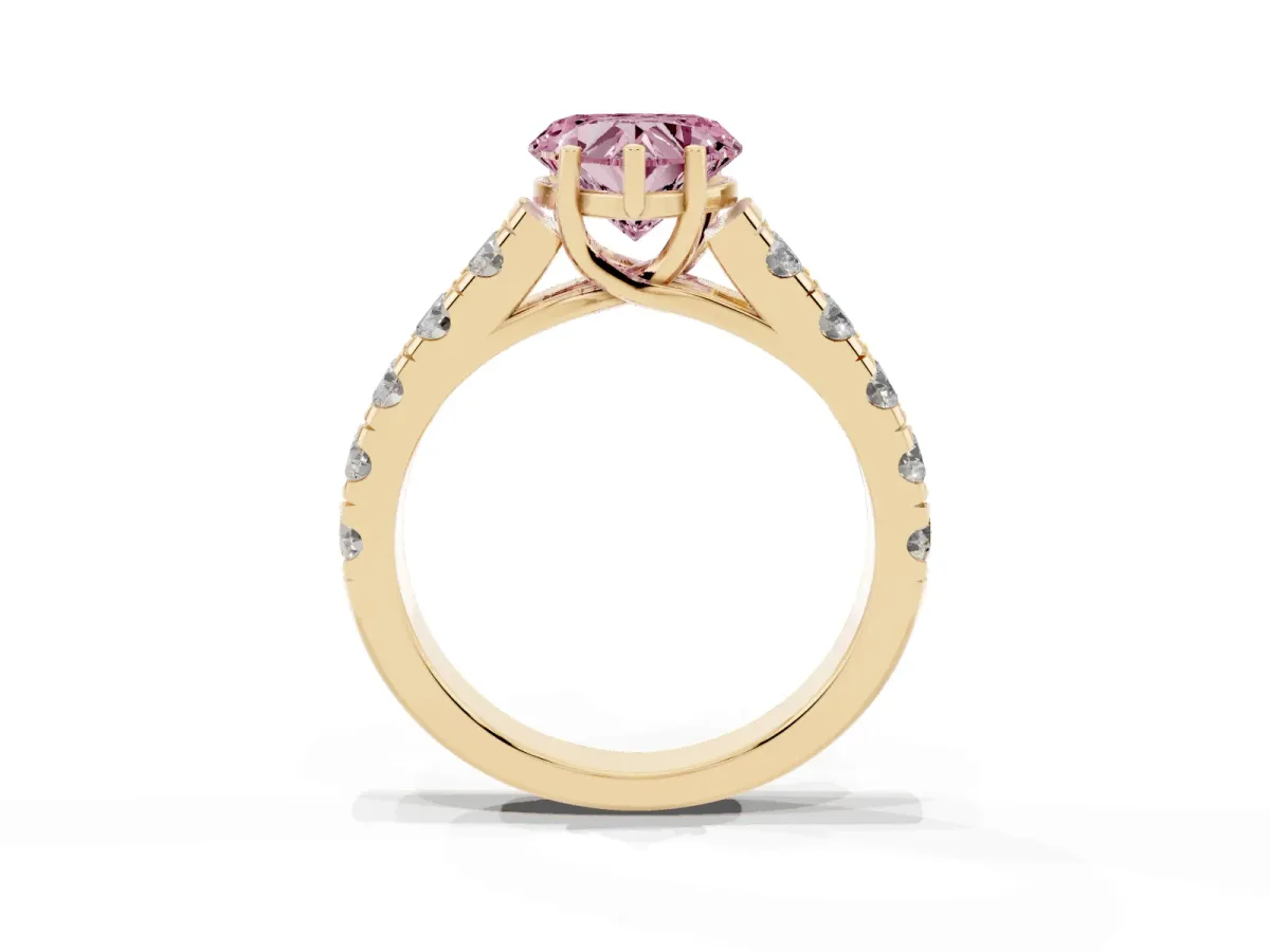 Fancy Pink Heart Cut Cut Diamond Solitaire Ring with Micro Pave Band and Prong Setting Yellow gold