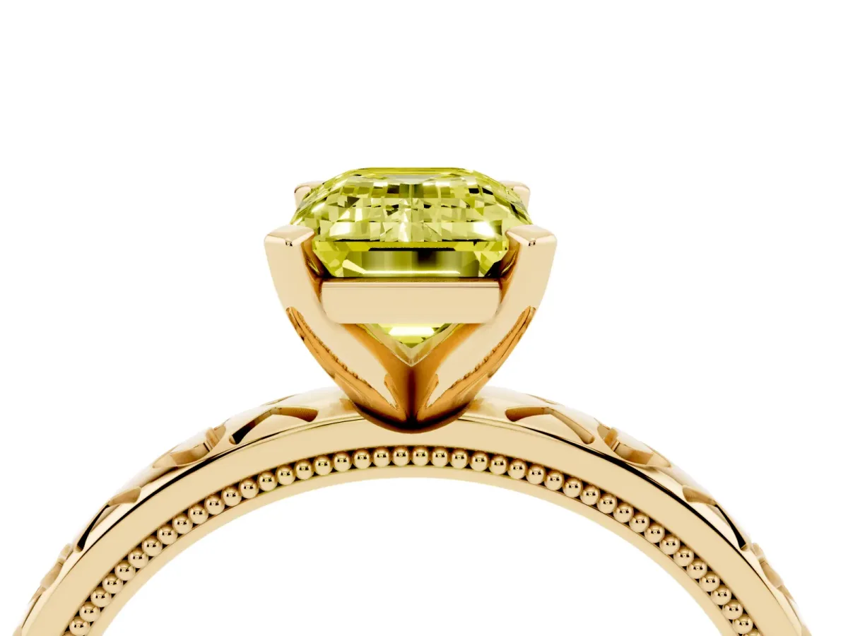 Fancy Yellow Emerald Cut Solitaire Diamond Engagement Ring with XO Engraved Band and Four-Prong Setting Yellow gold