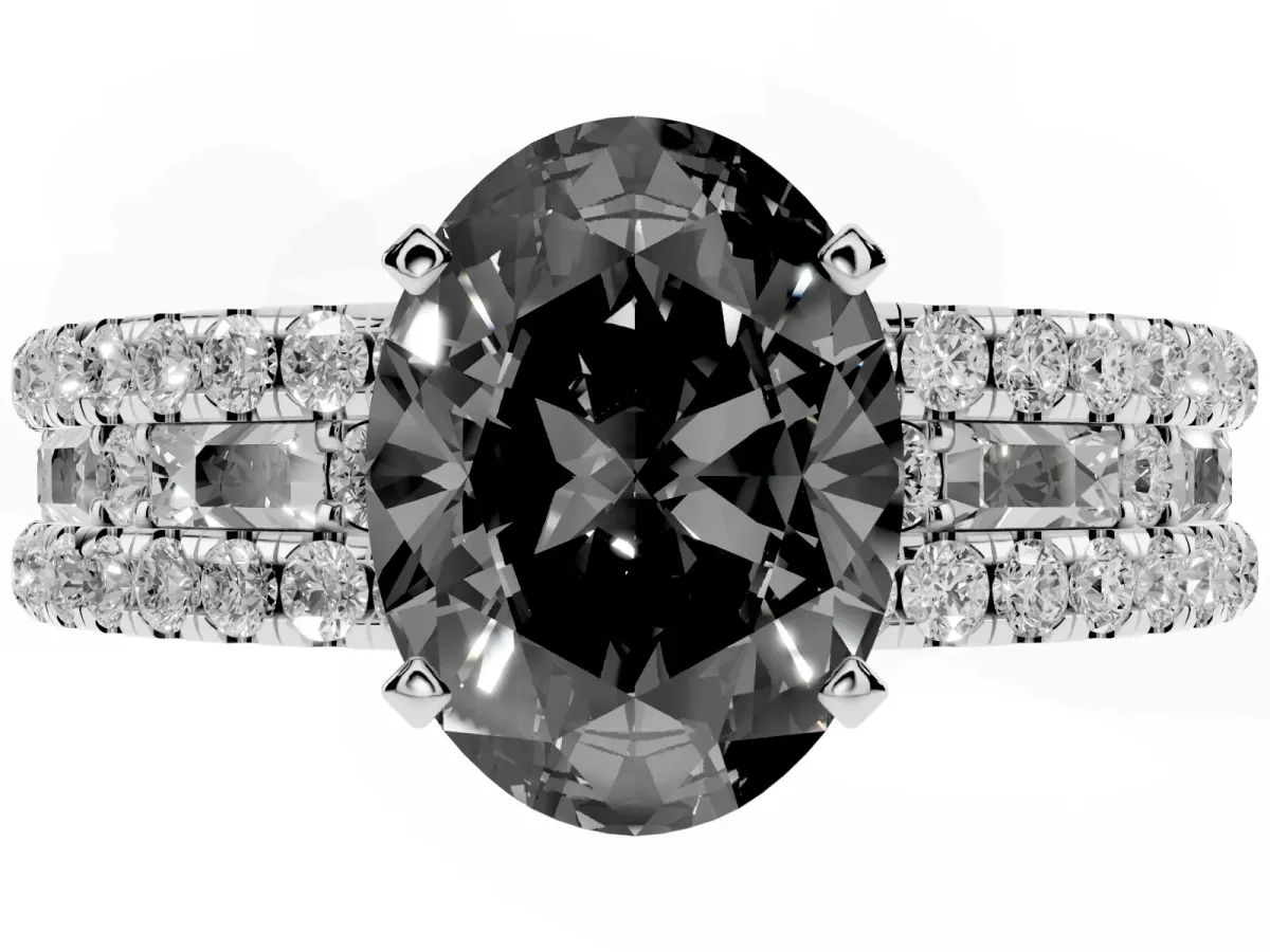 Fancy Black Oval Cut Diamond Solitaire Ring with Pavé and Channel Set Band Silver