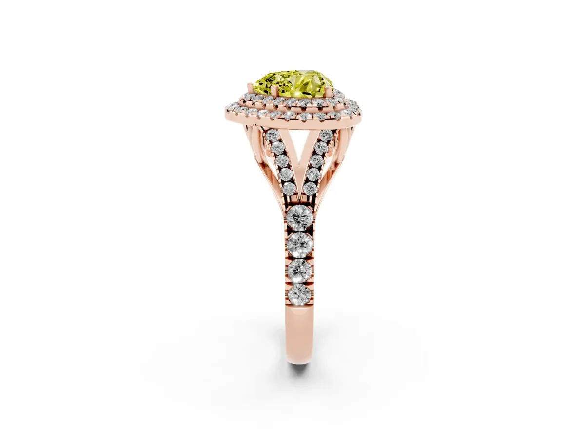 Fancy Yellow Double Halo Heart Cut Diamond Split Shank Engagement Ring with Four-Prong Setting Rose gold