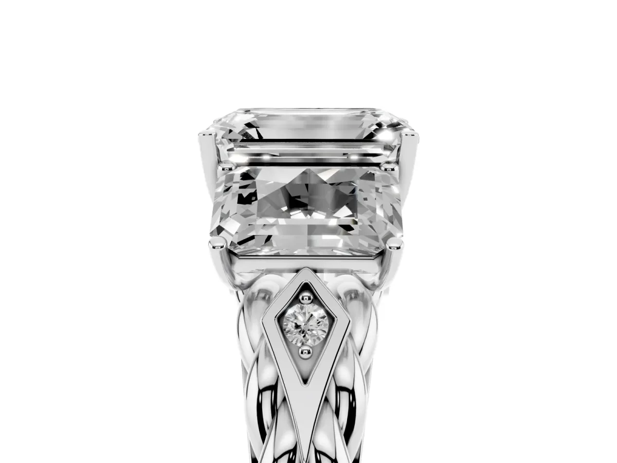 Three-Stone Emerald Cut Diamond Braided Band Ring with Four-Prong Setting Platinum