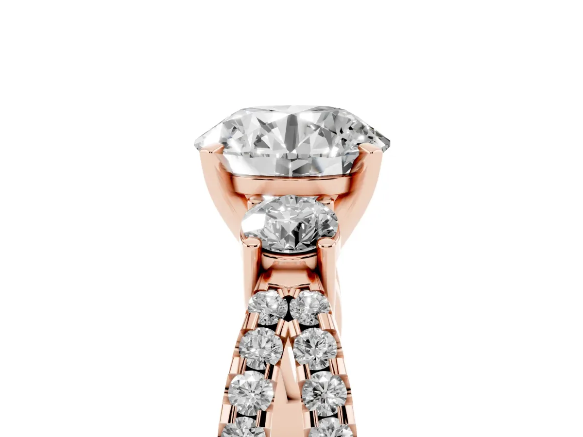Round Cut Diamond Three-Stone Ring with Pavé Split Shank and Four-Prong Setting Rose gold