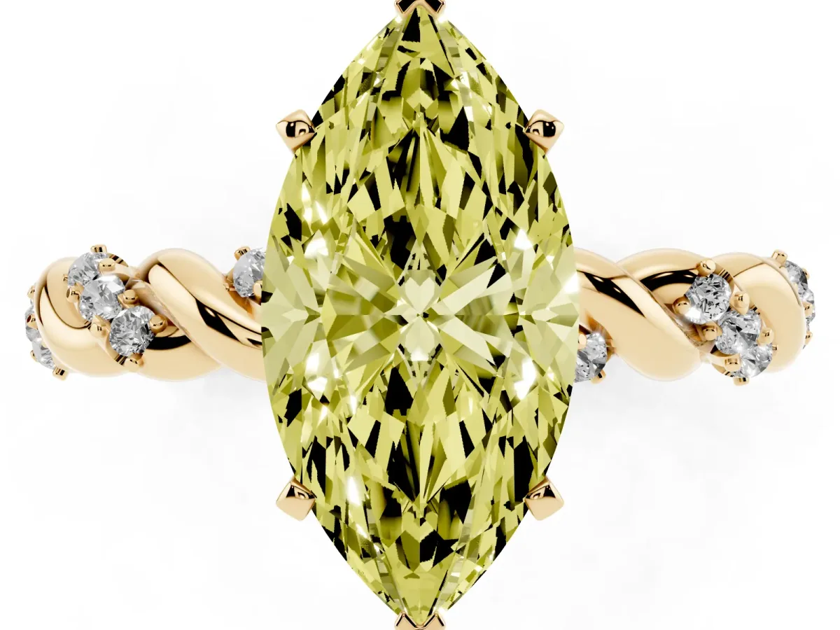 Fancy Yellow Marquise Cut Diamond Solitaire Ring with Twisted Band and Pavé Accents Yellow gold