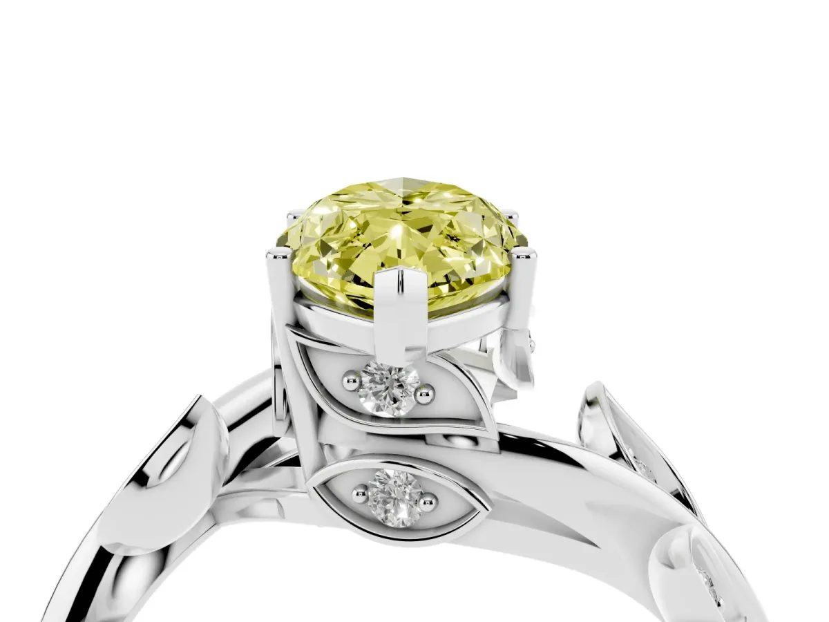 Fancy Yellow Marquise Cut Solitaire Twist Engagement Ring with Leaf Accents and Prong Setting Silver