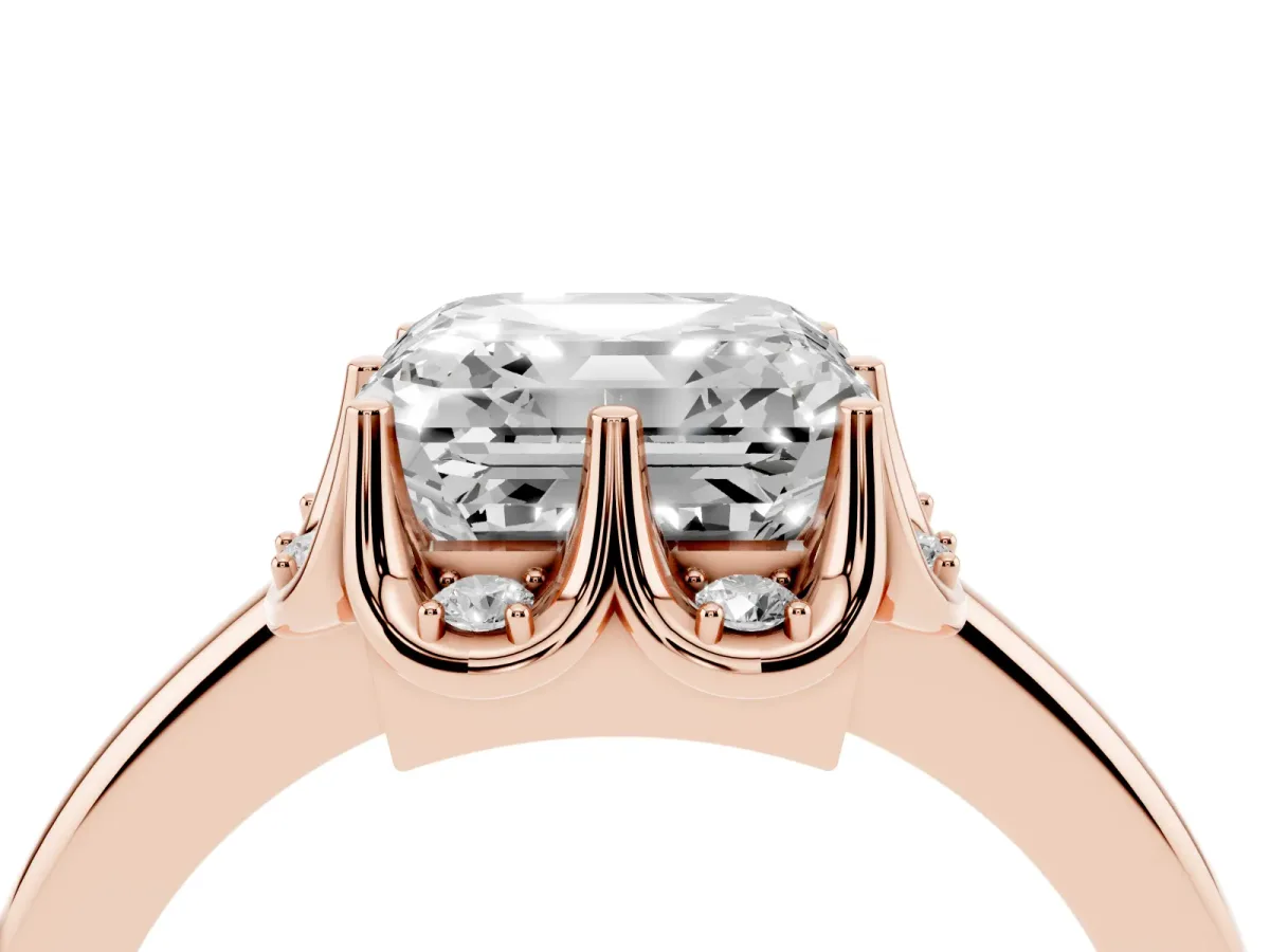 Asscher Cut Halo Diamond Ring with Round Cluster Setting, Solitaire Band, and Four-Prong Setting Rose gold